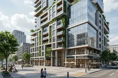 Photorealistic rendering of a high rise with planted balconies and a street-level cafe, made from an architect's hand sketch with RenderAI