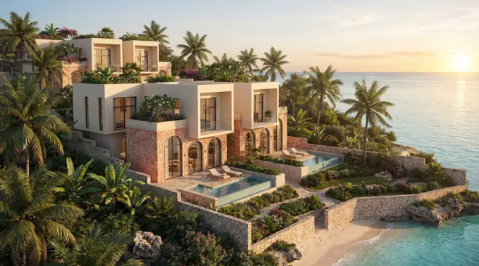 Terraced stone villas with pools and palm trees on a cliff above the sea at sunset, rendered from a 3D massing model with Render AI