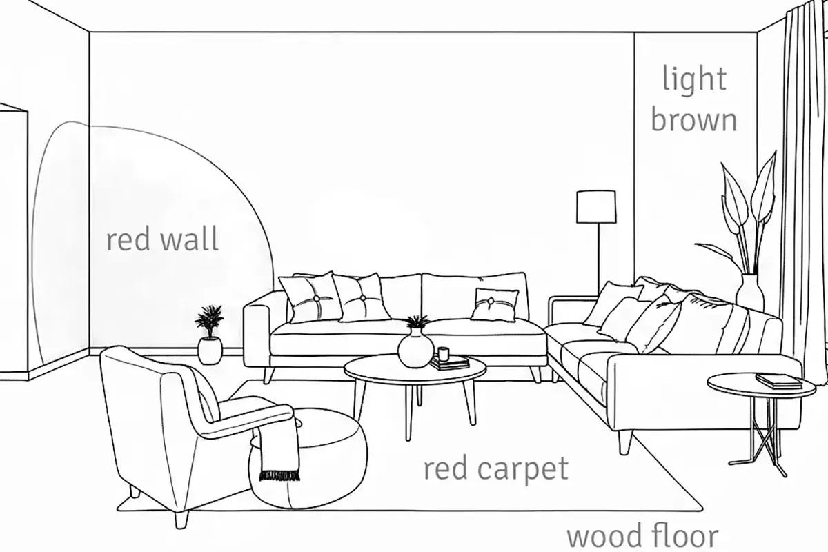 Living room interior render with a red curved accent wall, red rug and wood floor, made from an annotated line drawing with RenderAI