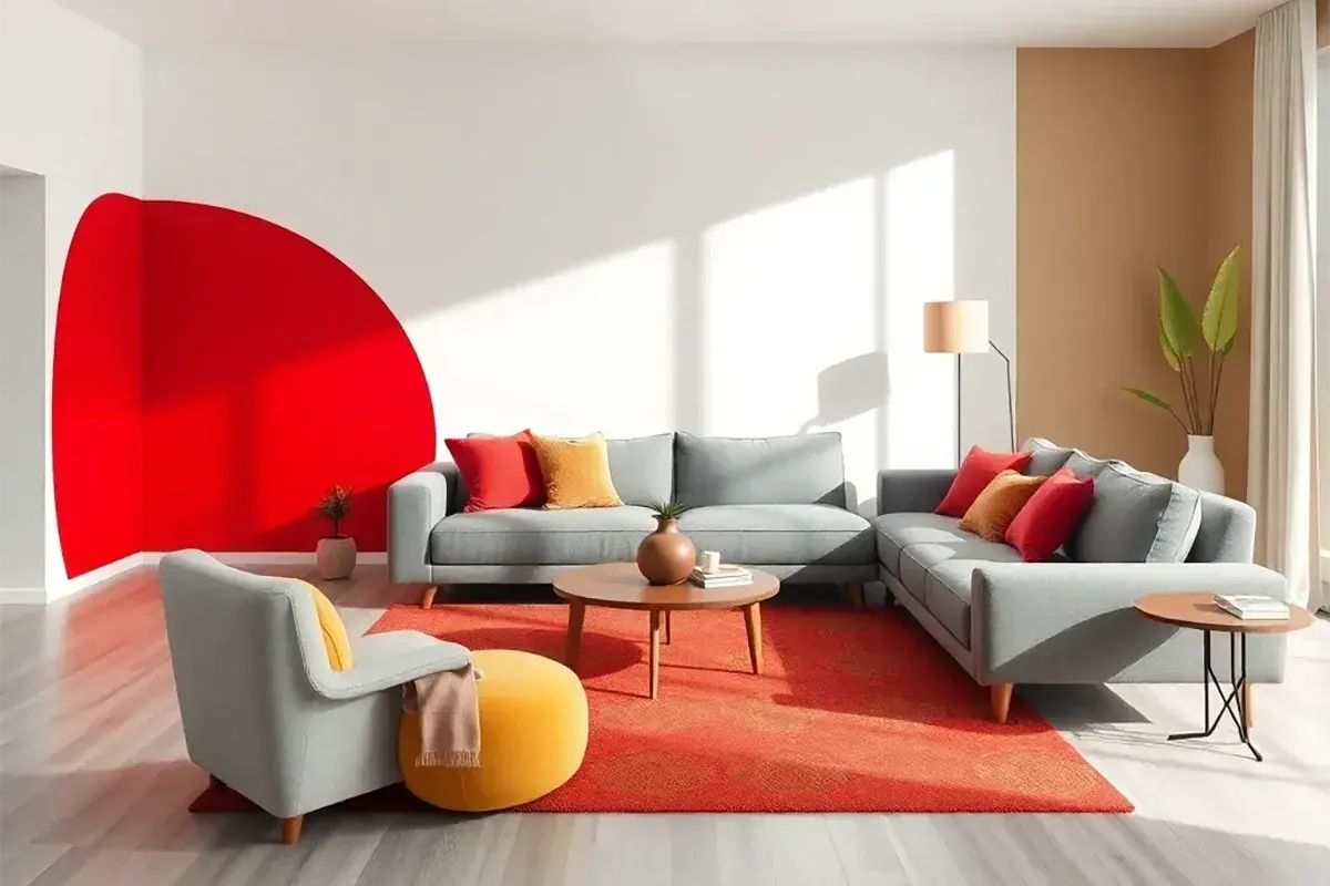 Living room interior render with a red curved accent wall, red rug and wood floor, made from an annotated line drawing with RenderAI