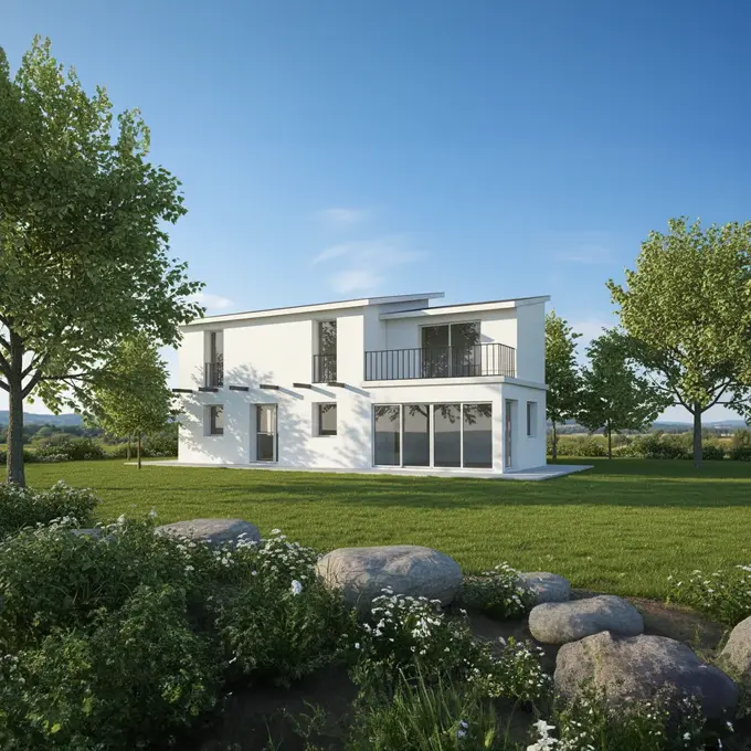 White two story house with a balcony set in a green garden with boulders, rendered with Render AI