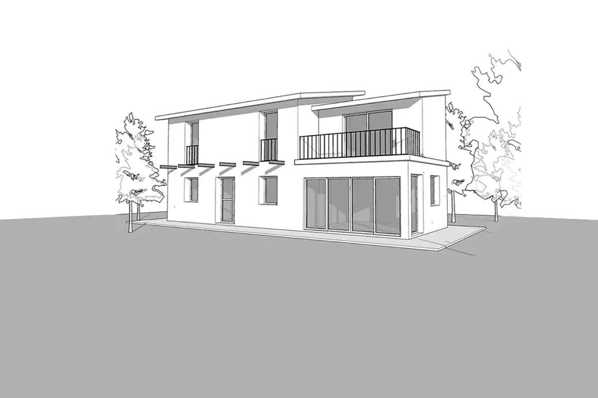 Architectural visualization of a white two story house on a lawn with trees and rocks, made from a plain 3D line model with RenderAI