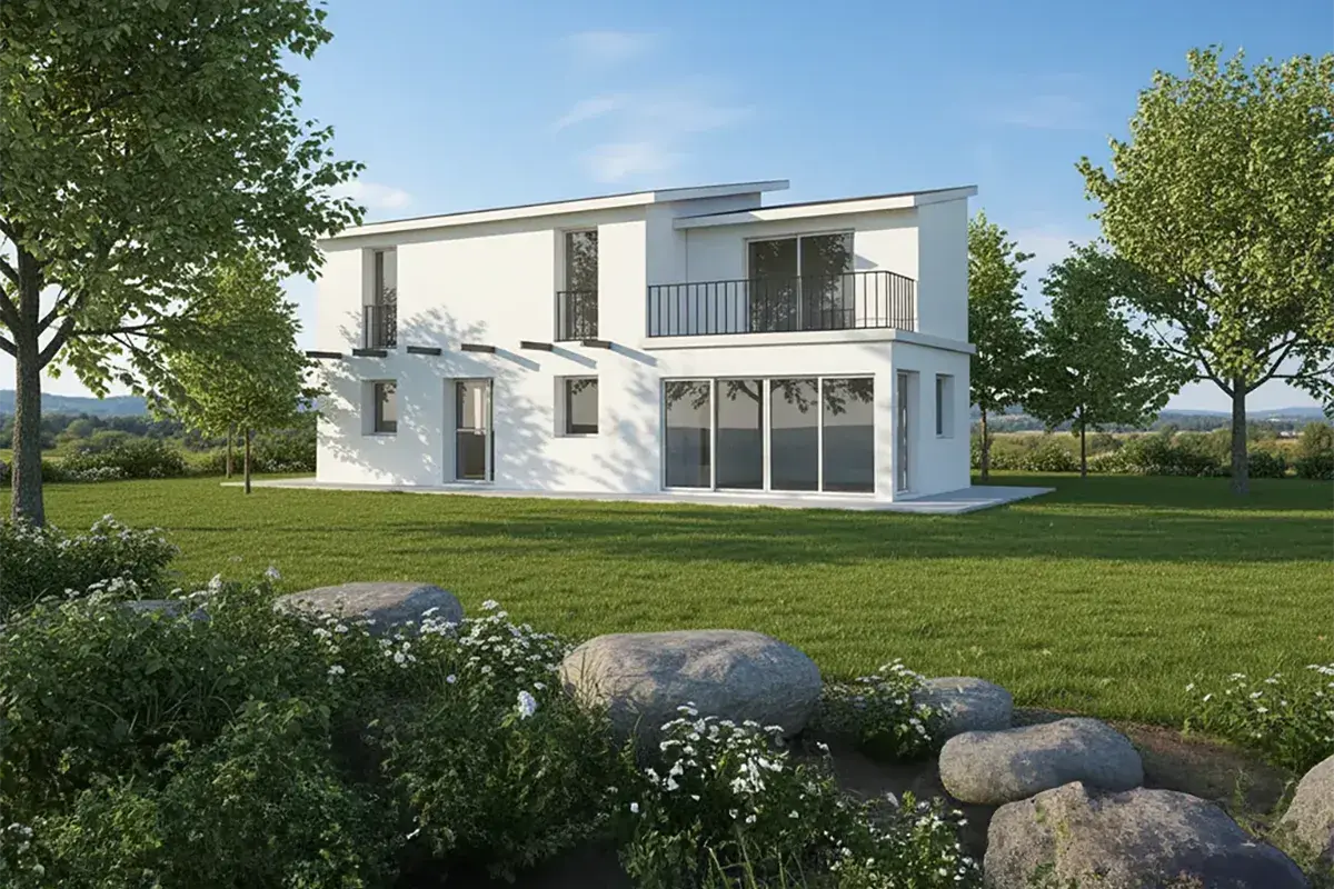 Architectural visualization of a white two story house on a lawn with trees and rocks, made from a plain 3D line model with RenderAI