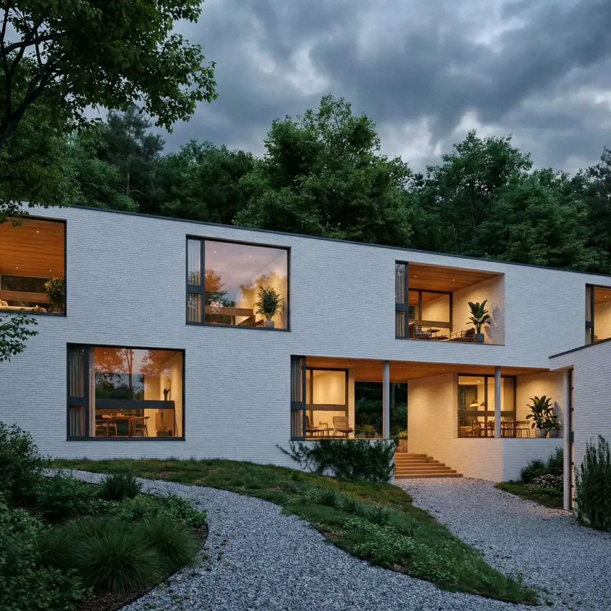 Exterior rendering of a white brick Nordic housing block at dusk with lit windows and a gravel path, made from an ink sketch with RenderAI