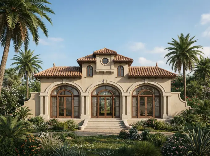 Hacienda style house with arched windows, a clay tile roof and palm trees, rendered from a pen sketch on paper with Render AI