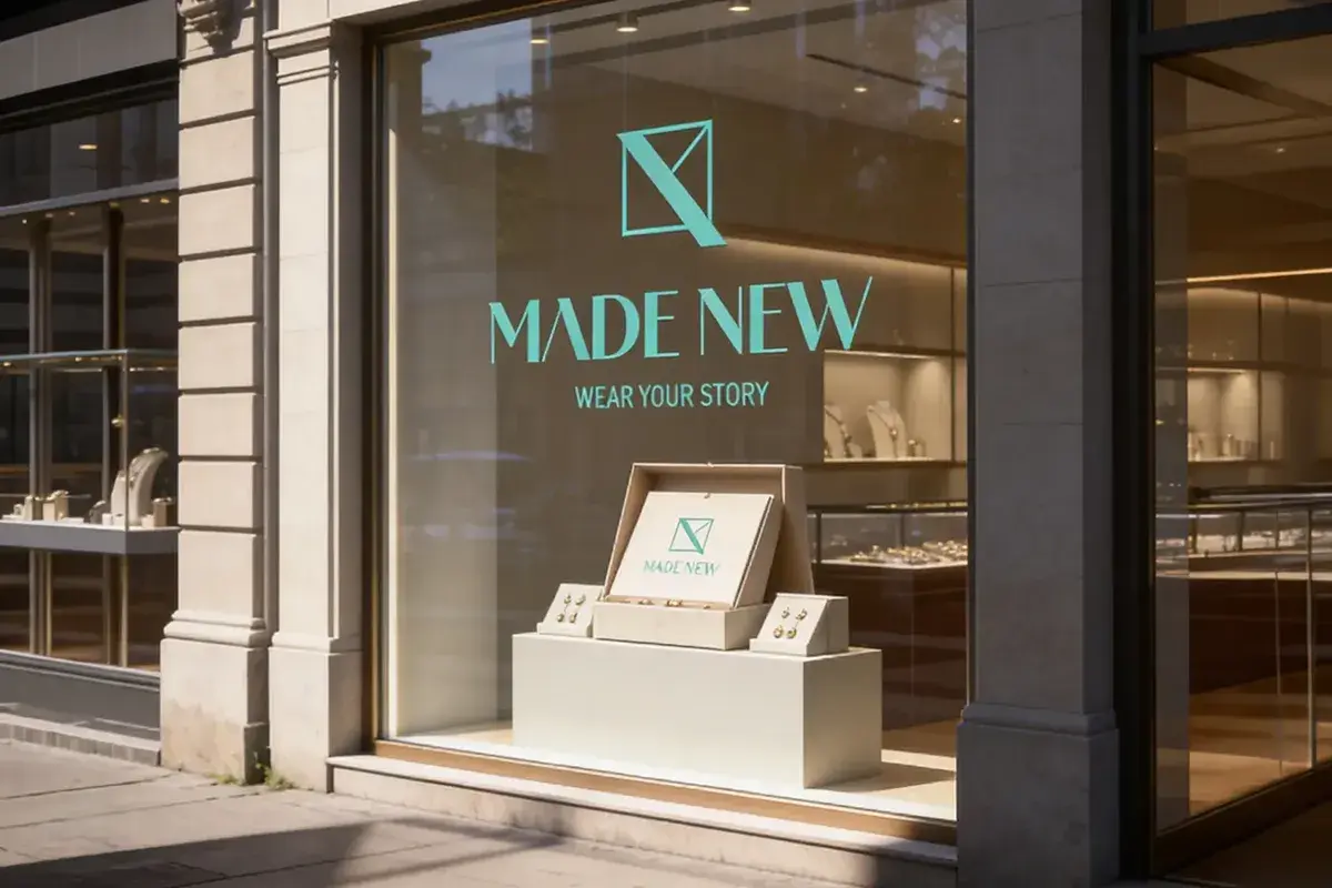 Jewelry store window with the brand logo on the glass and a branded display box, made from only the logo with RenderAI