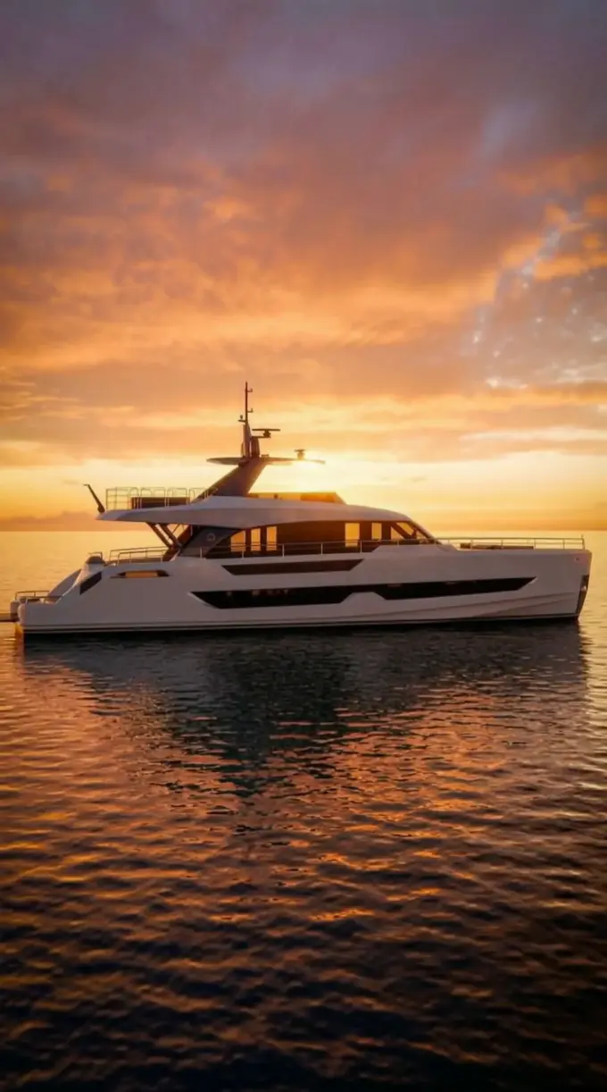 Animated view of a white motor yacht cruising at sea under an orange evening sky, made from a 3D side elevation with Render AI