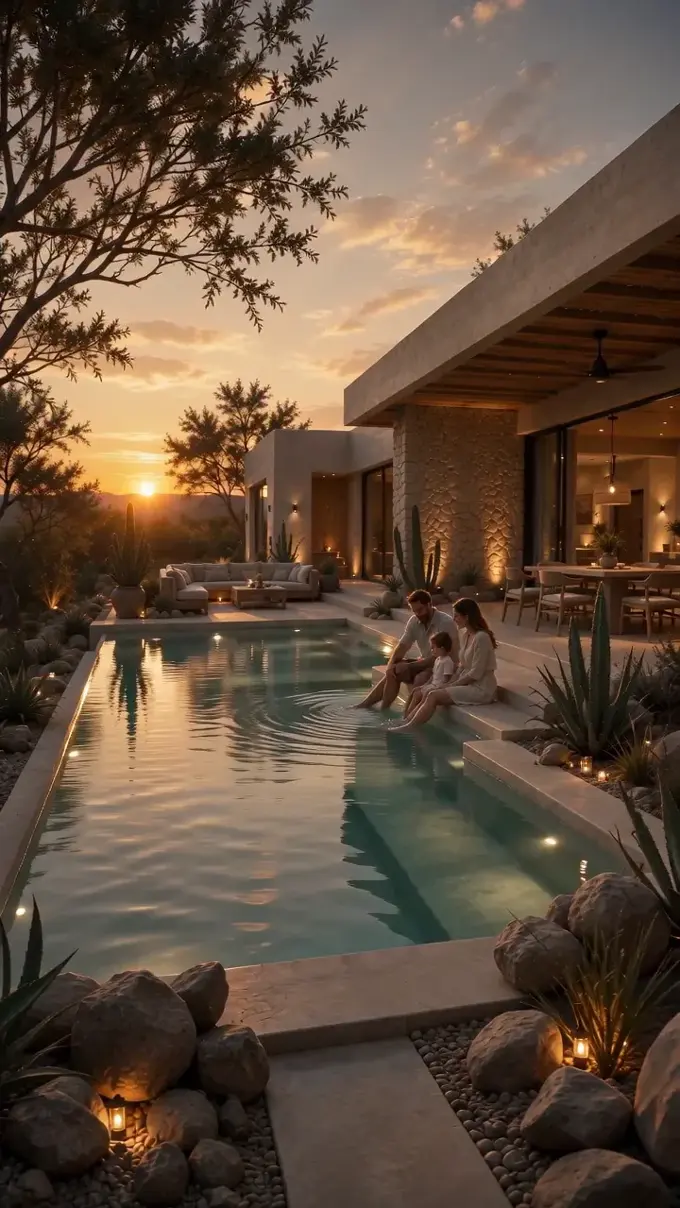 Animated sunset view of a stone house with a lit pool, agaves and two people by the water, made from a still render with Render AI