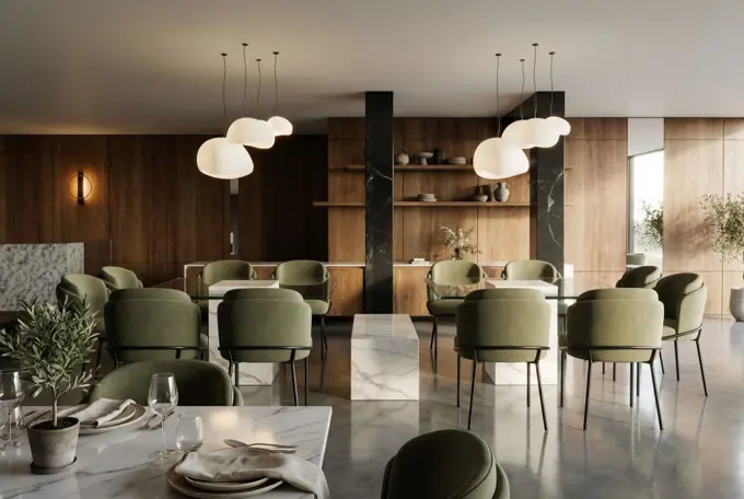 Restaurant dining room with timber wall panels, sage green chairs and cloud shaped pendants, rendered from a SketchUp view with Render AI