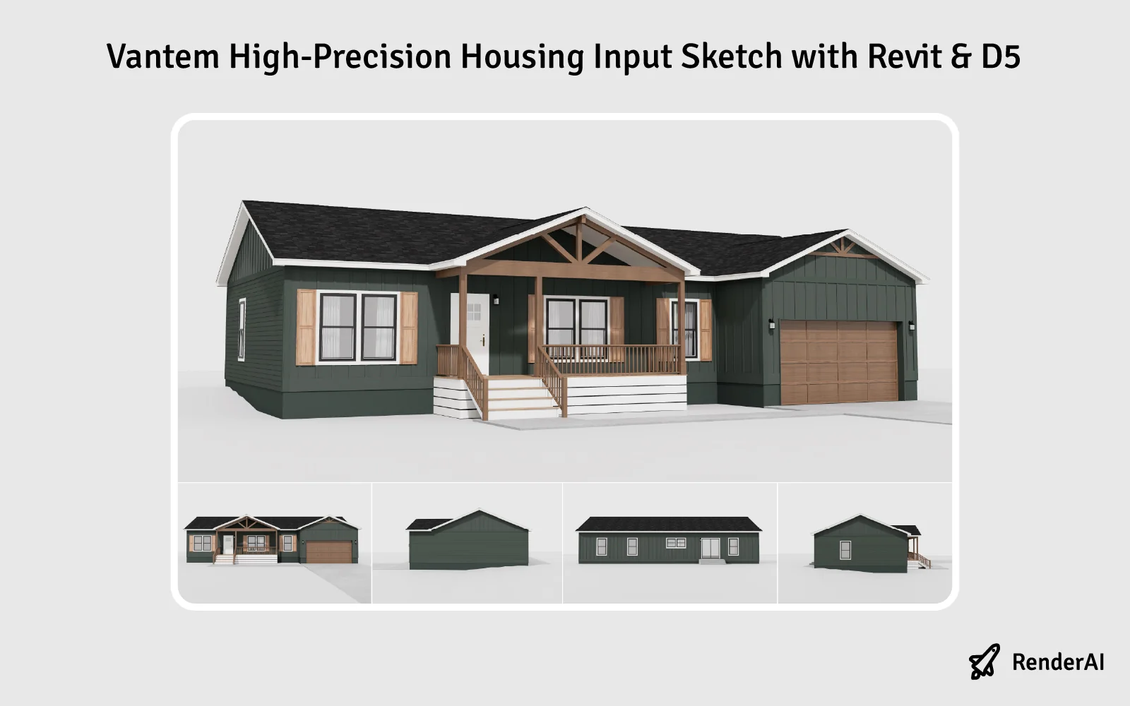 Revit and D5 Render base view showing framing, materials and solar position for AI enhancement