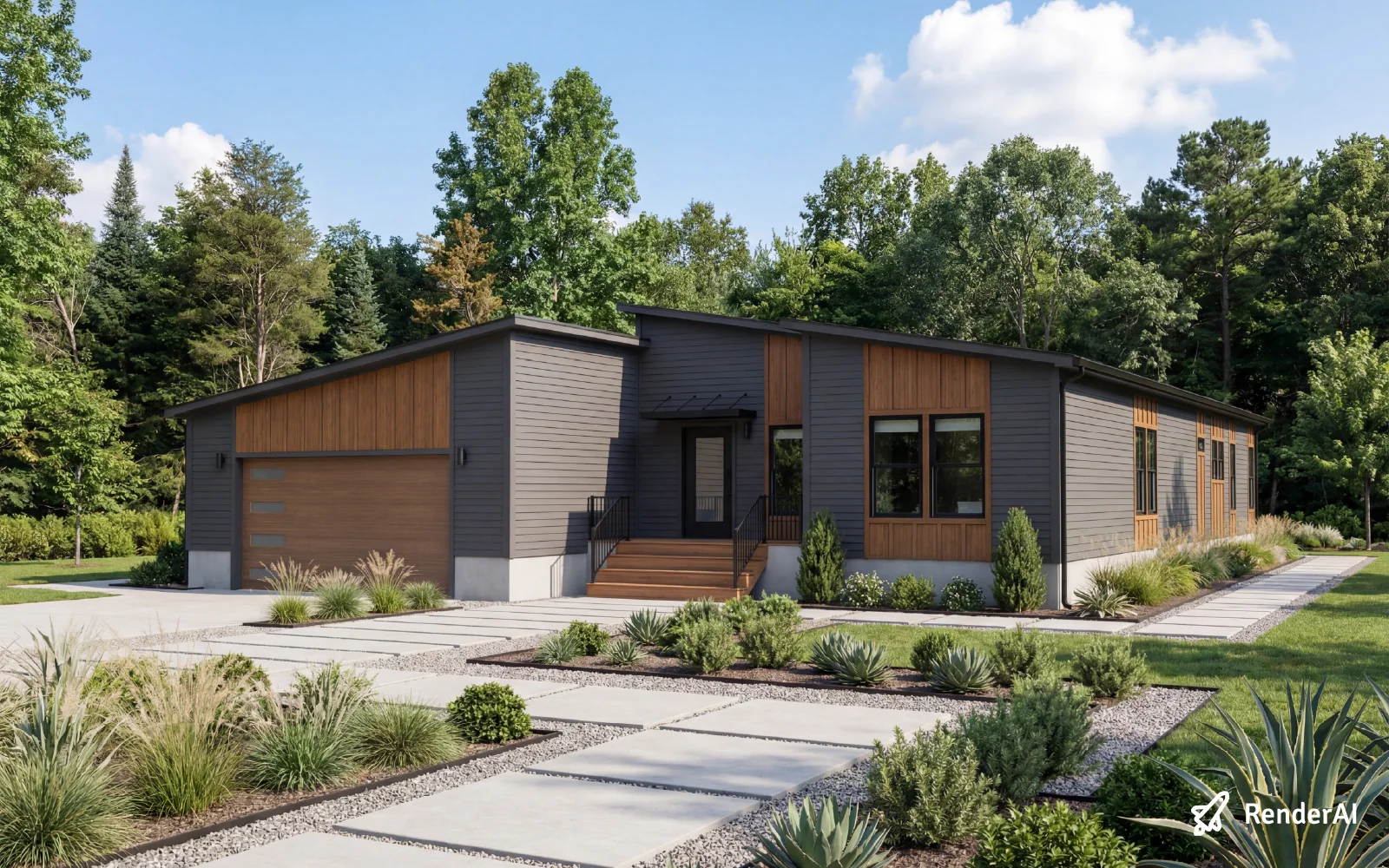 Vantem single-family modular home with dark siding and single-story layout