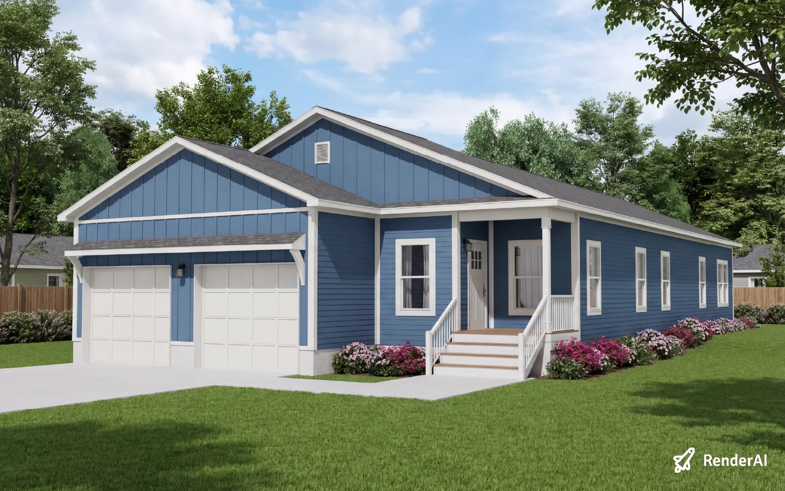 Vantem modular single-family home with blue siding and gabled roof in South Carolina countryside
