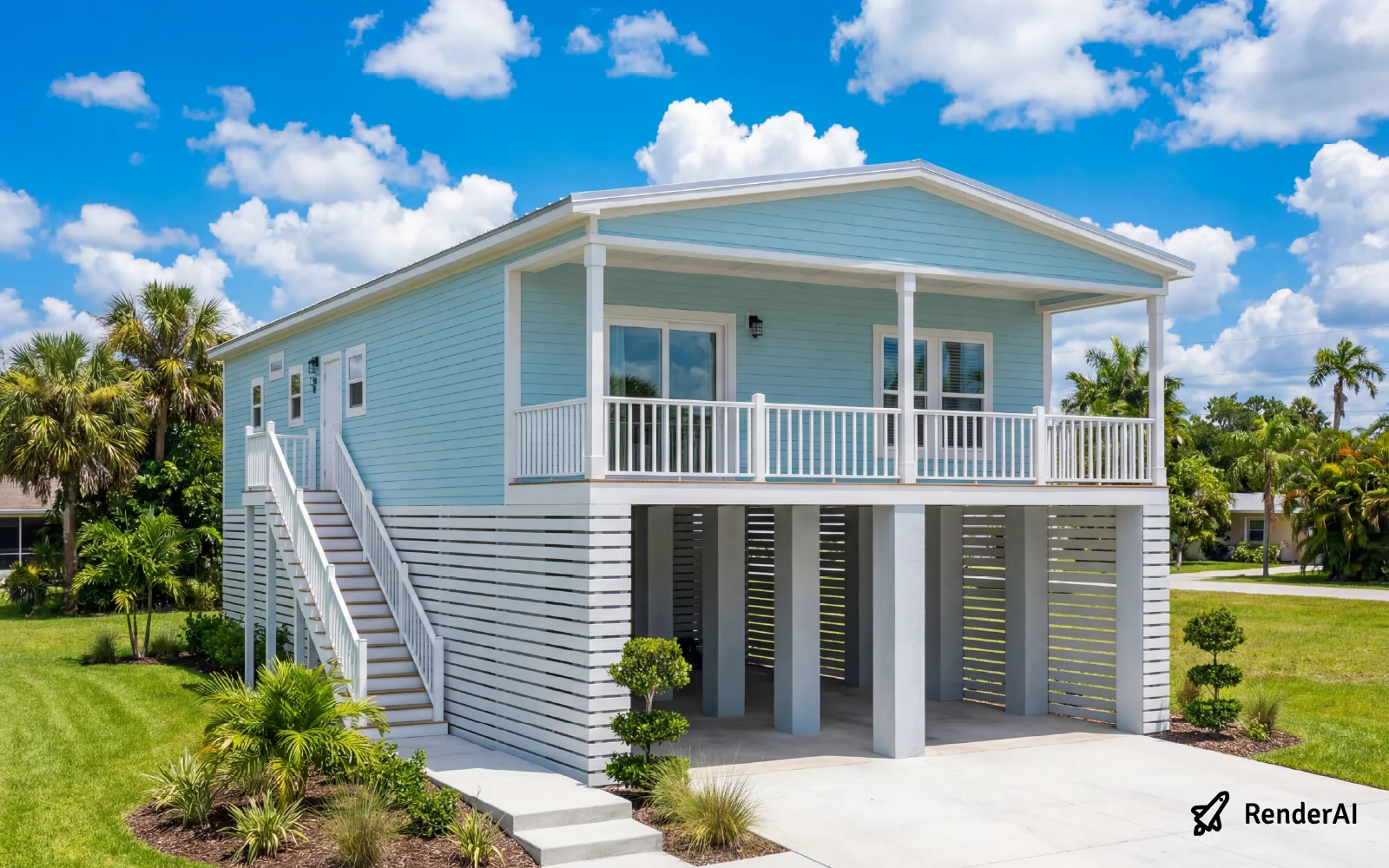 Beach-style single-family home on pilings, RenderAI enhanced visualization