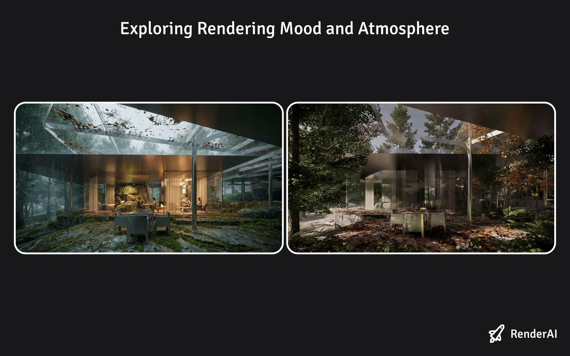 Two AI rendering mood explorations of the Yakushima house competition project using RenderAI