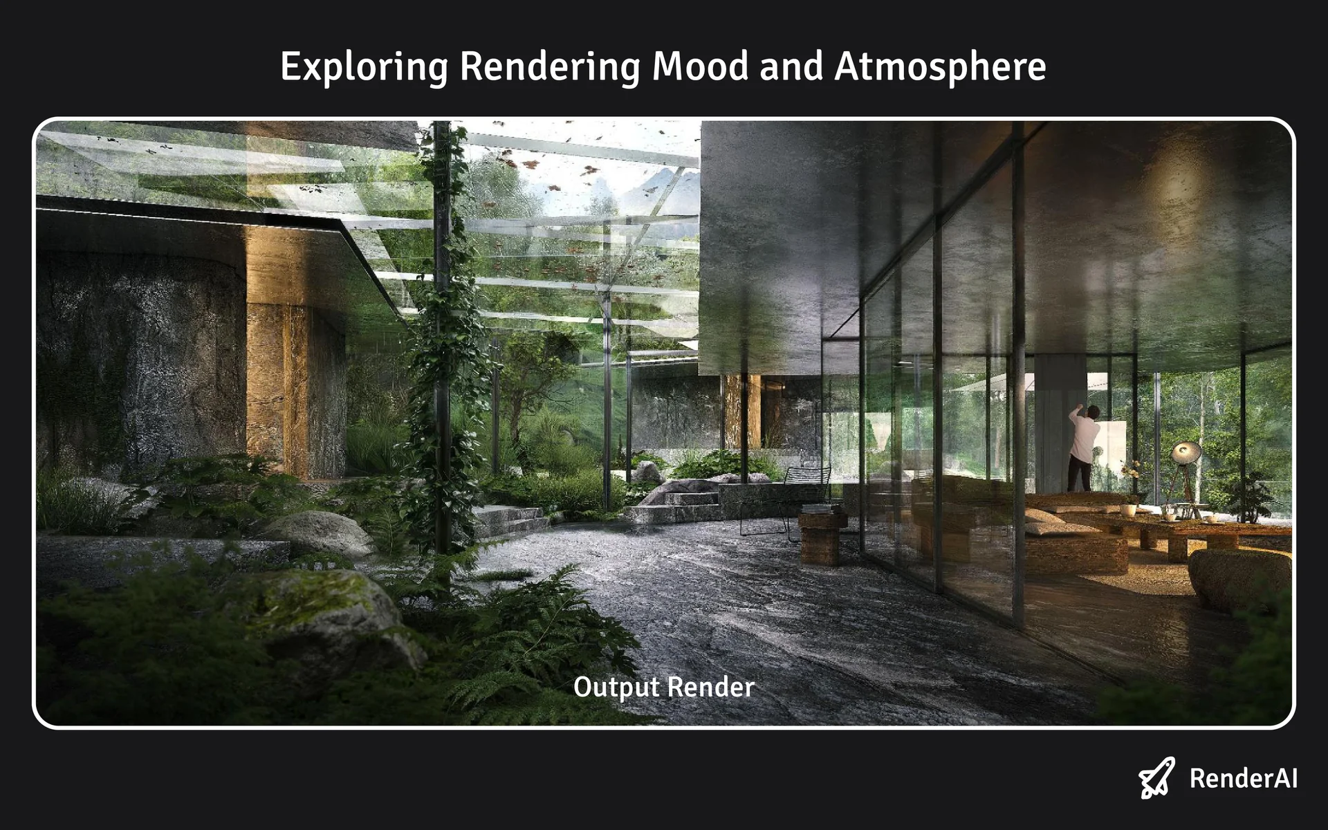 RenderAI output of the Yakushima house exterior with rainy forest mood and warm interior light
