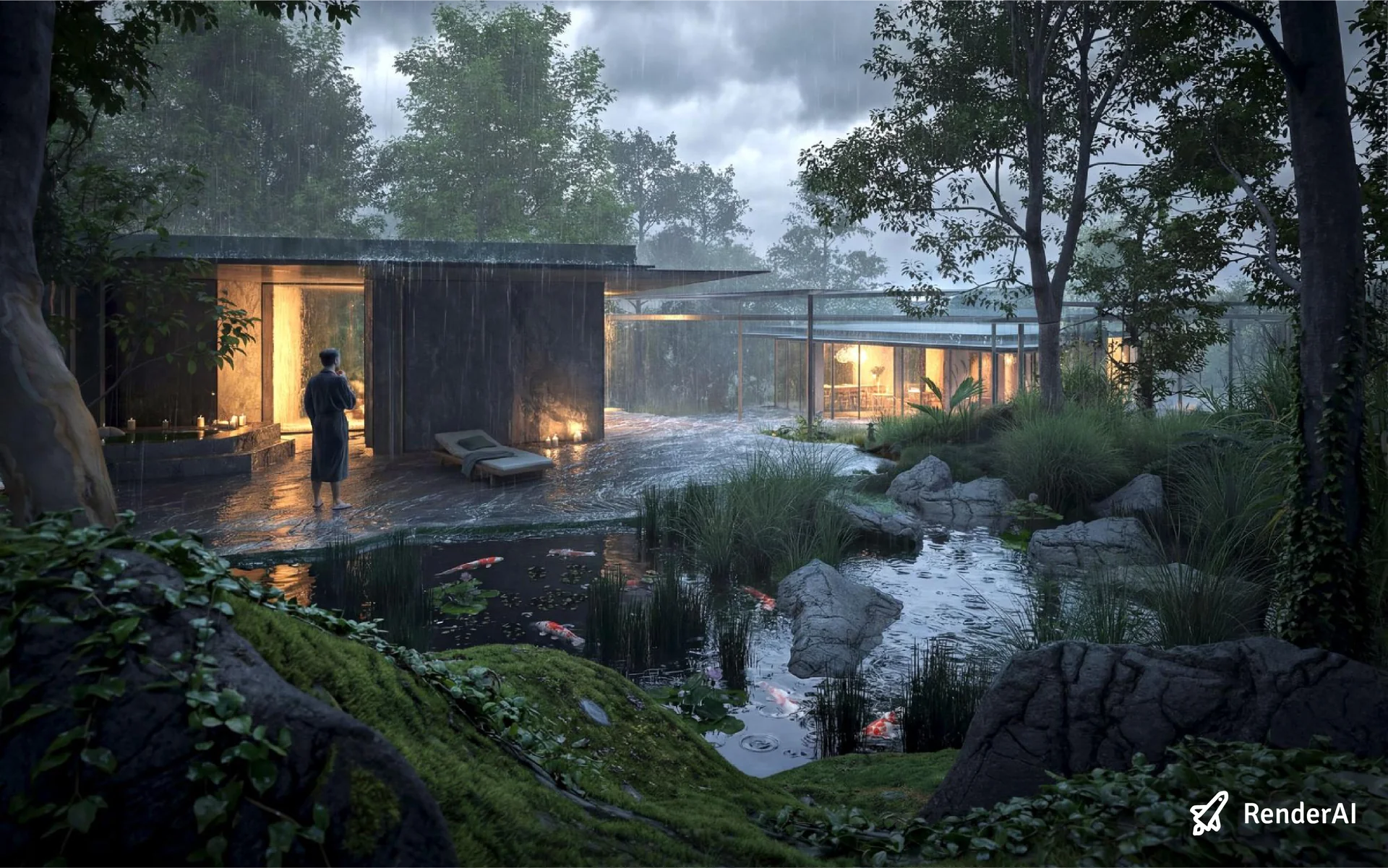 Natural and artificial lighting comparison for the Not a Hotel house: rainy day vs regular daytime using RenderAI