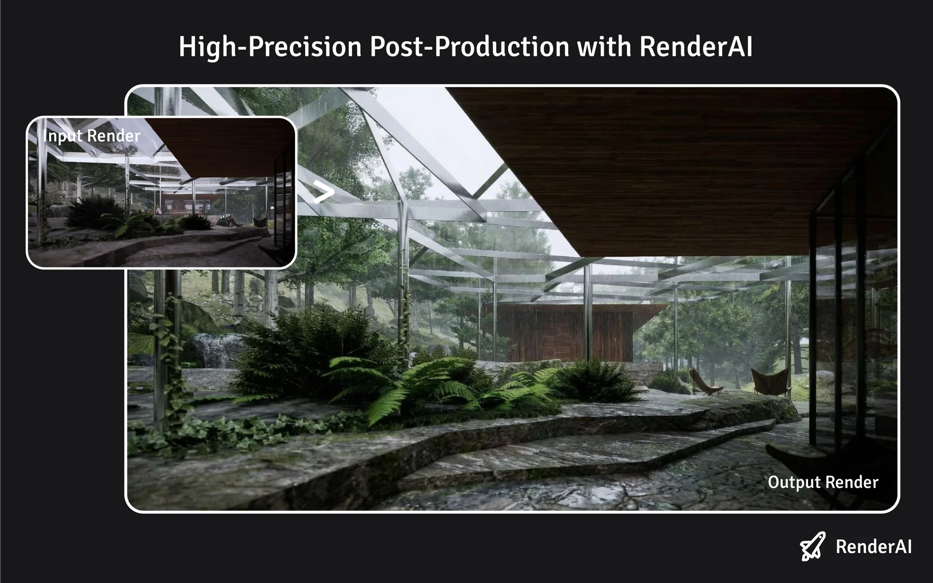 High-Precision Post-Production with RenderAI to explore materials and textures, before and after example