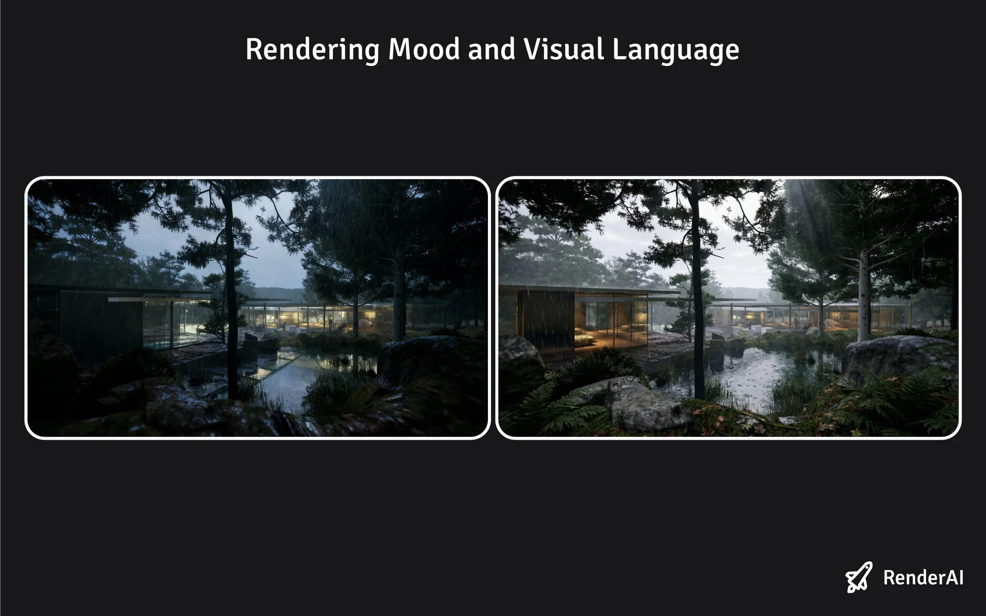 Mood board showing different atmospheric variations of the same Yakushima house: Rainy and misty moods AI Rendering