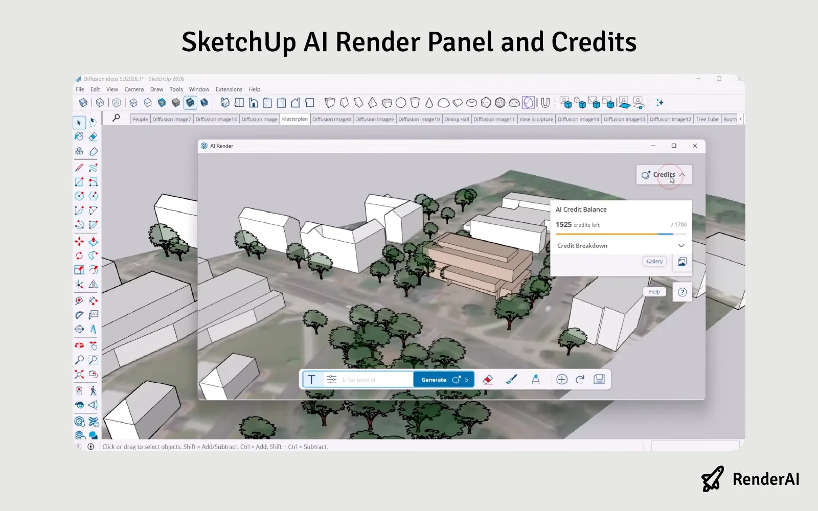 SketchUp AI Render panel showing the Generate button, style selector, text prompt field, and available credit balance