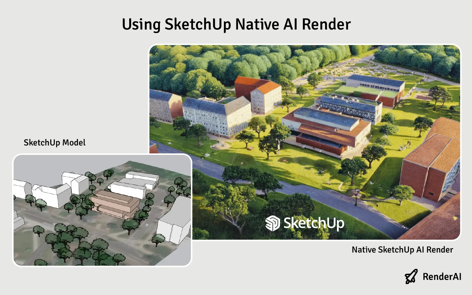 Before-and-after comparison of a SketchUp AI Render for an urban design project, highlighting blurry geometry and vegetation limitations