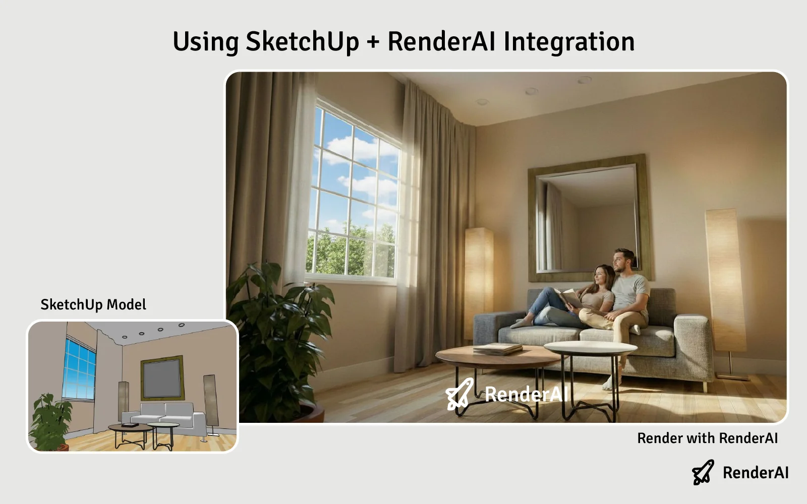 Before-and-after comparison of an interior design AI rendering using a SketchUp model with RenderAI
