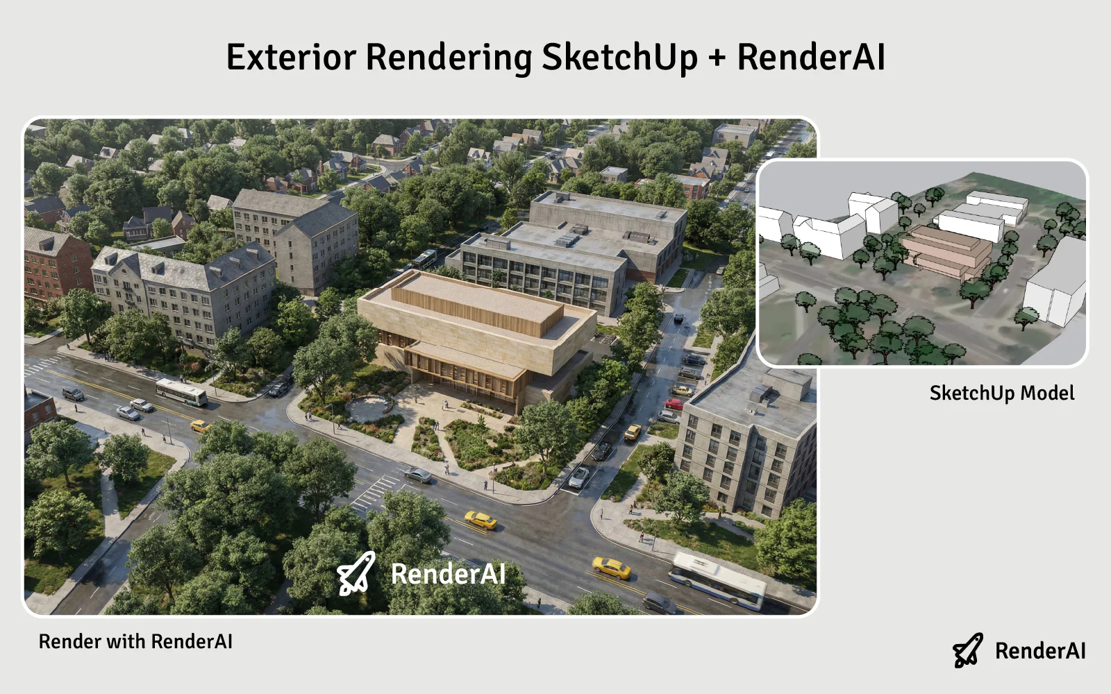 Before-and-after comparison of an urban design project AI rendering using a SketchUp model with RenderAI