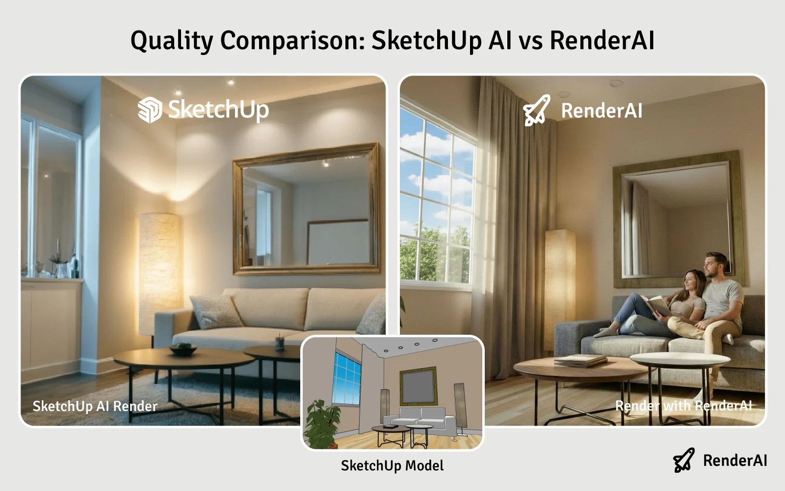 SketchUp native AI Render vs. RenderAI side-by-side comparison for interior design, showing higher material fidelity, consistent lighting, and fewer artifacts with RenderAI