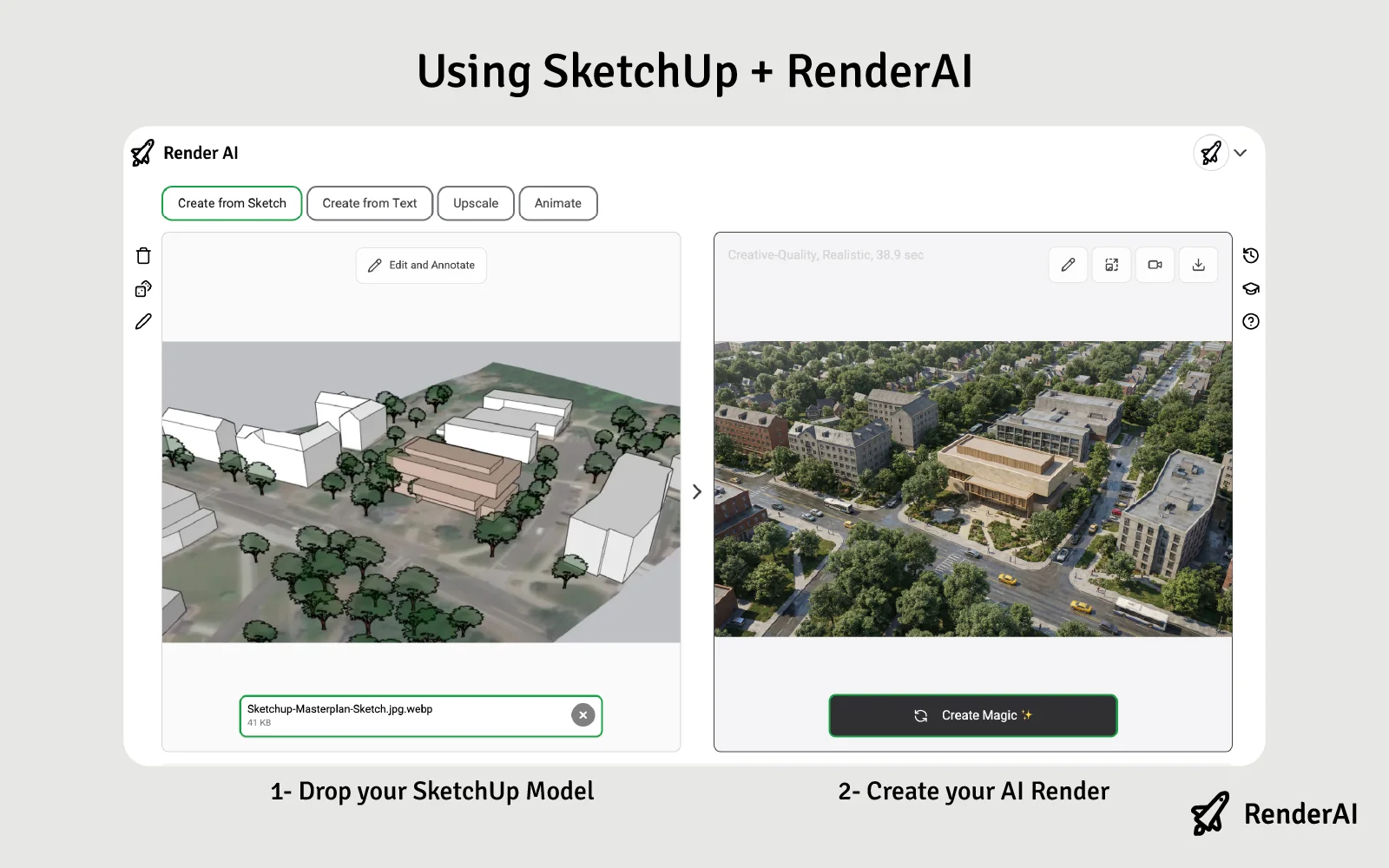 RenderAI interface showing AI rendering generation from an uploaded SketchUp 3D model