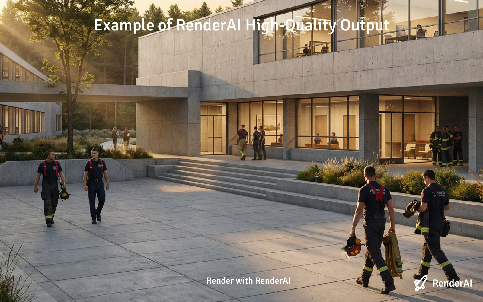 SketchUp AI rendering with RenderAI showing realistic people, high-definition materials, and accurate lighting in an architectural scene.