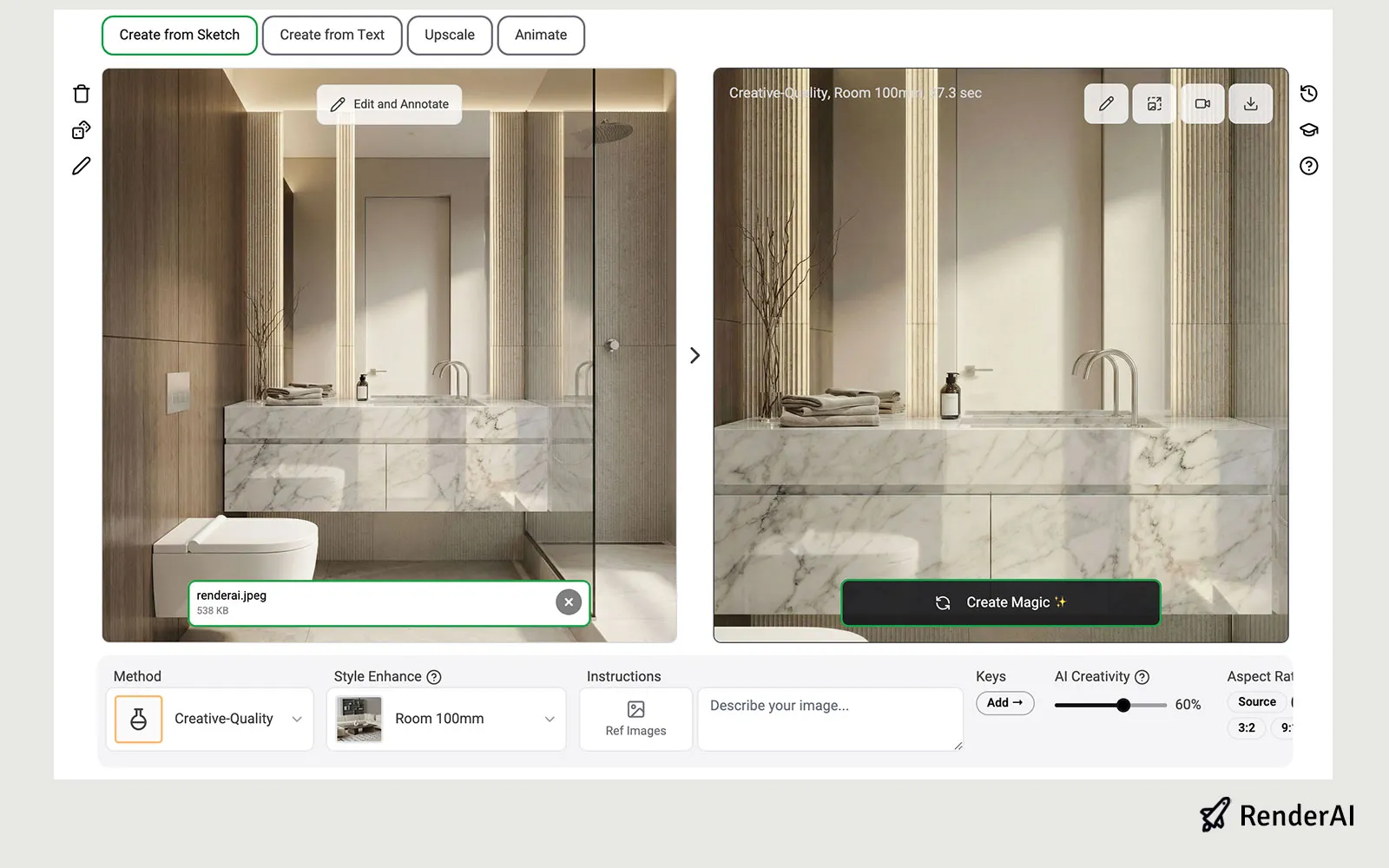 Using RenderAI to modify rendering flocal length with AI