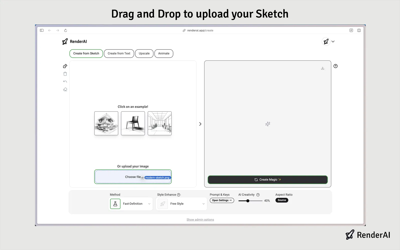 Upload your architectural sketch, floor plan, or concept drawing directly to the app