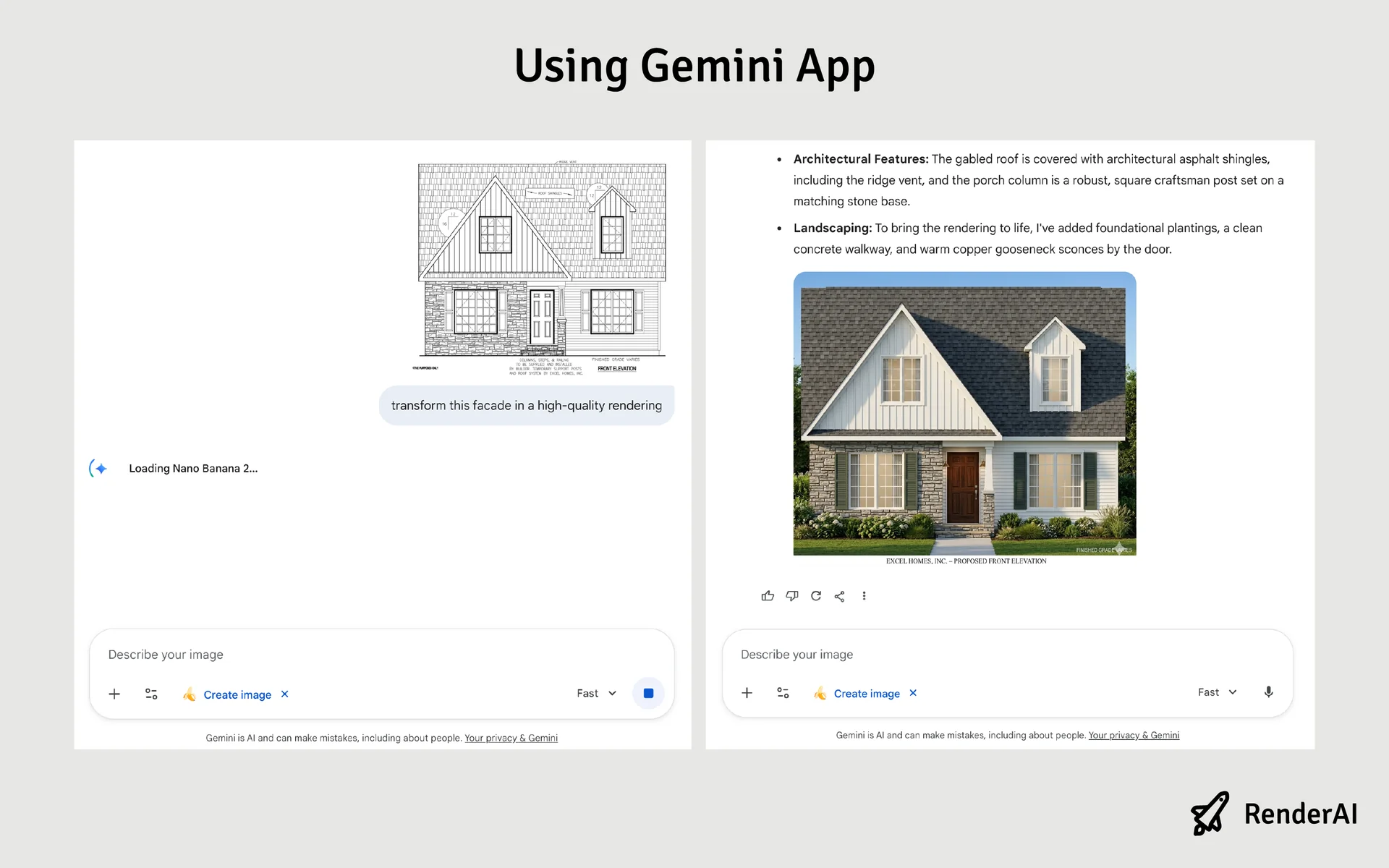 Gemini App Sketch Upload example for architectural rendering with Nano Banana 2