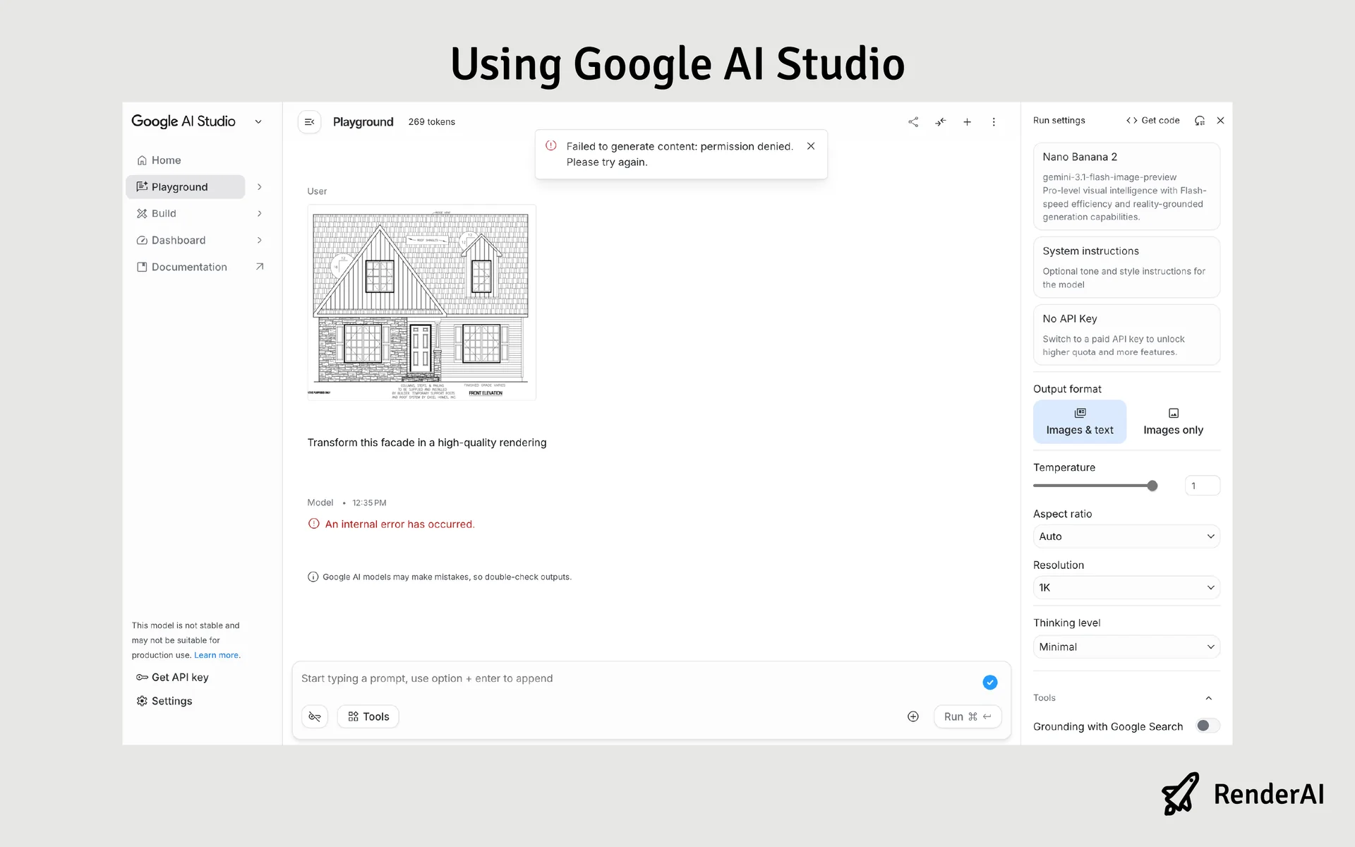 Google AI Studio showing a permission denied error when attempting to use Nano Banana 2 without a configured API key and payment method