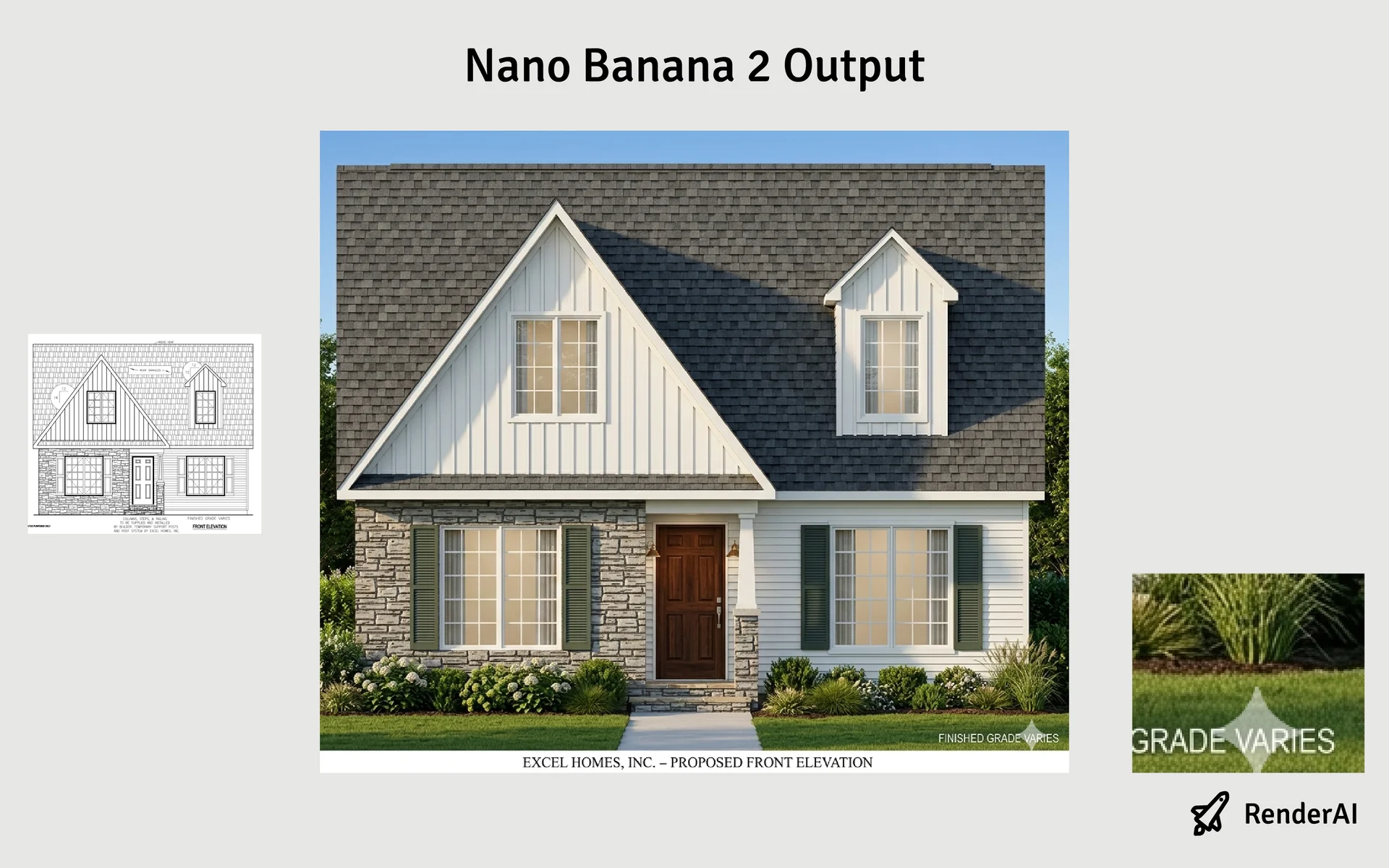 Architectural facade drawing rendered by Nano Banana 2 into a photorealistic image, showing the model's visual interpretation of a detailed elevation sketch with a Google watermark visible