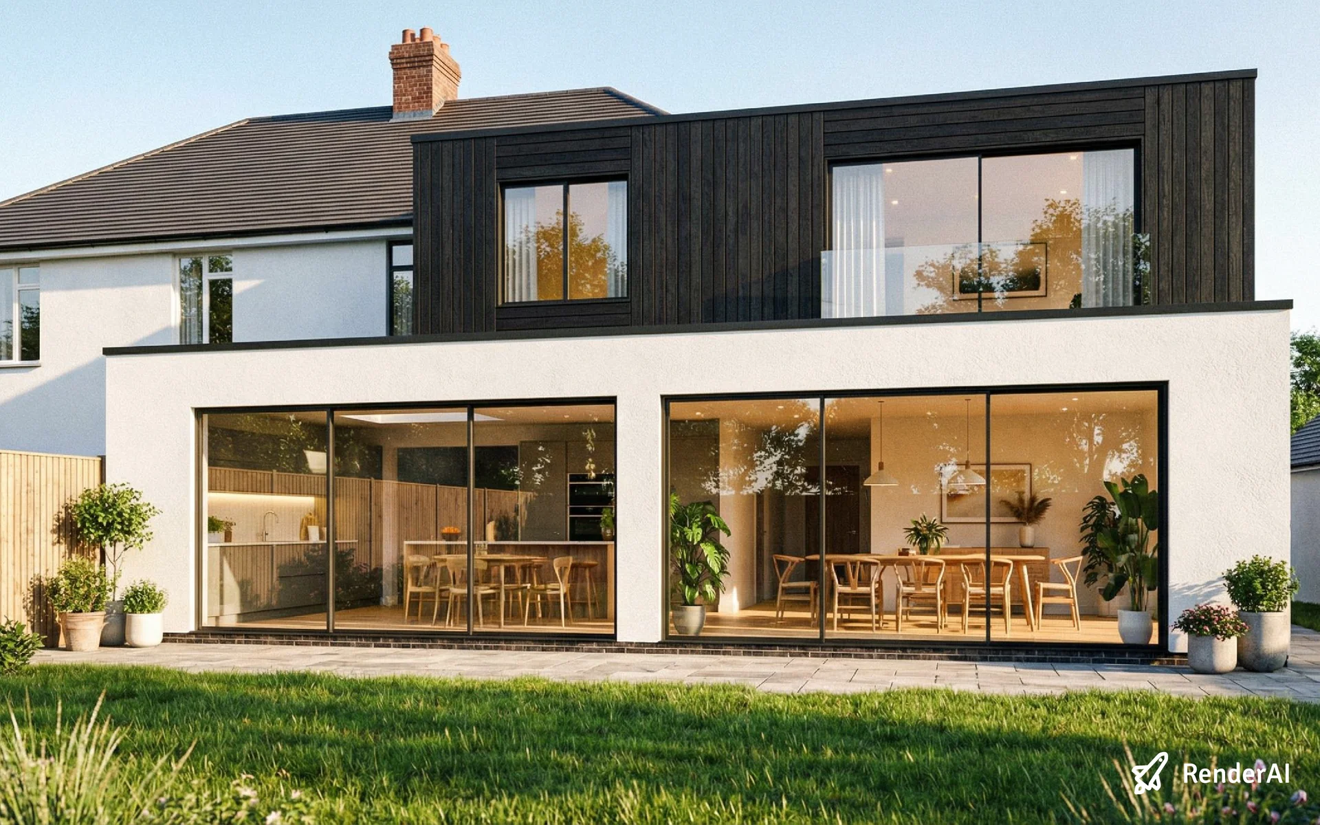 Photorealistic house rendering with detailed furniture, warm lighting and high-definition material textures generated from an architectural sketch using RenderAI, by DRW