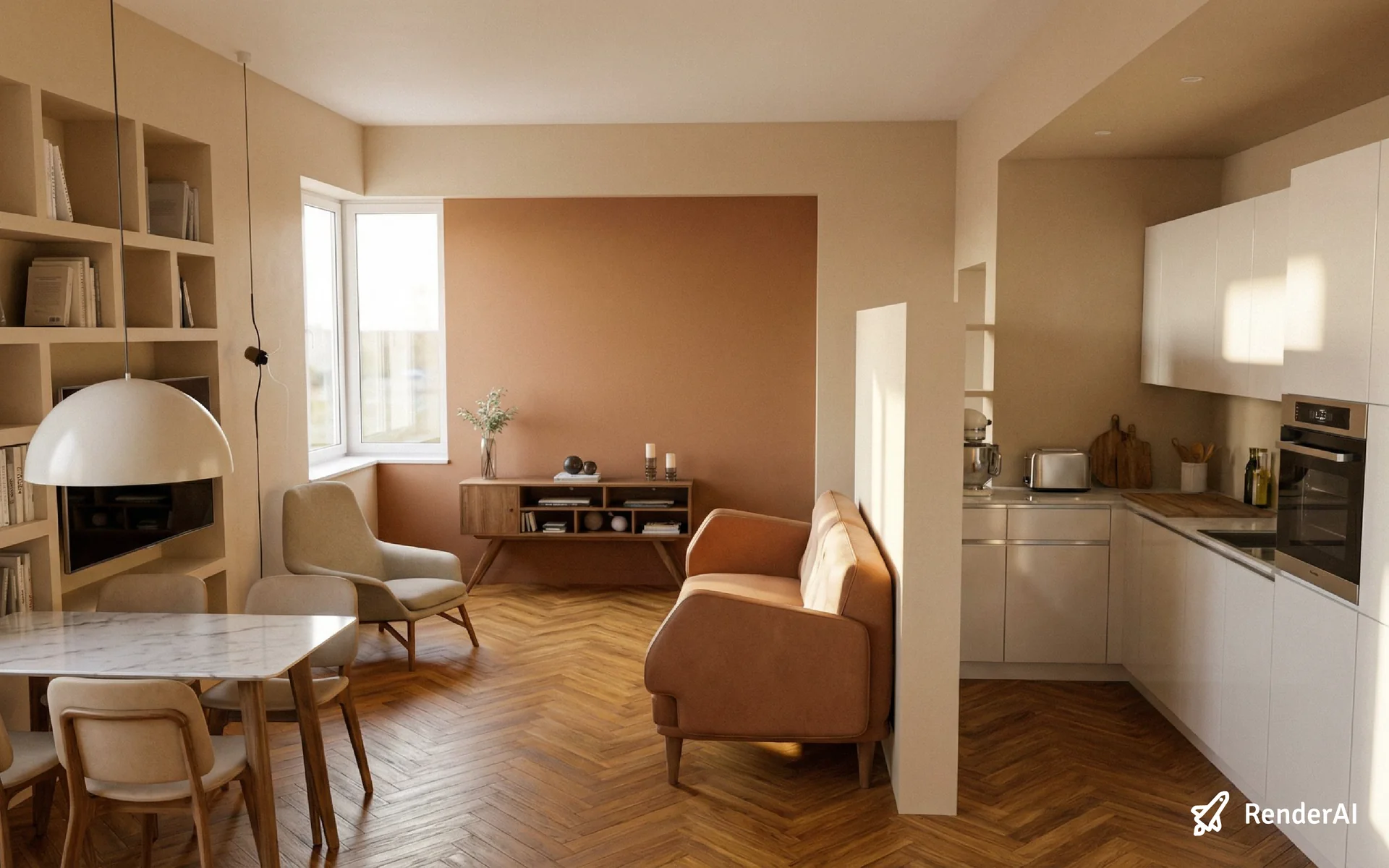 Interior Design space rendering with furniture, wood floor and defined colors created using RenderAI