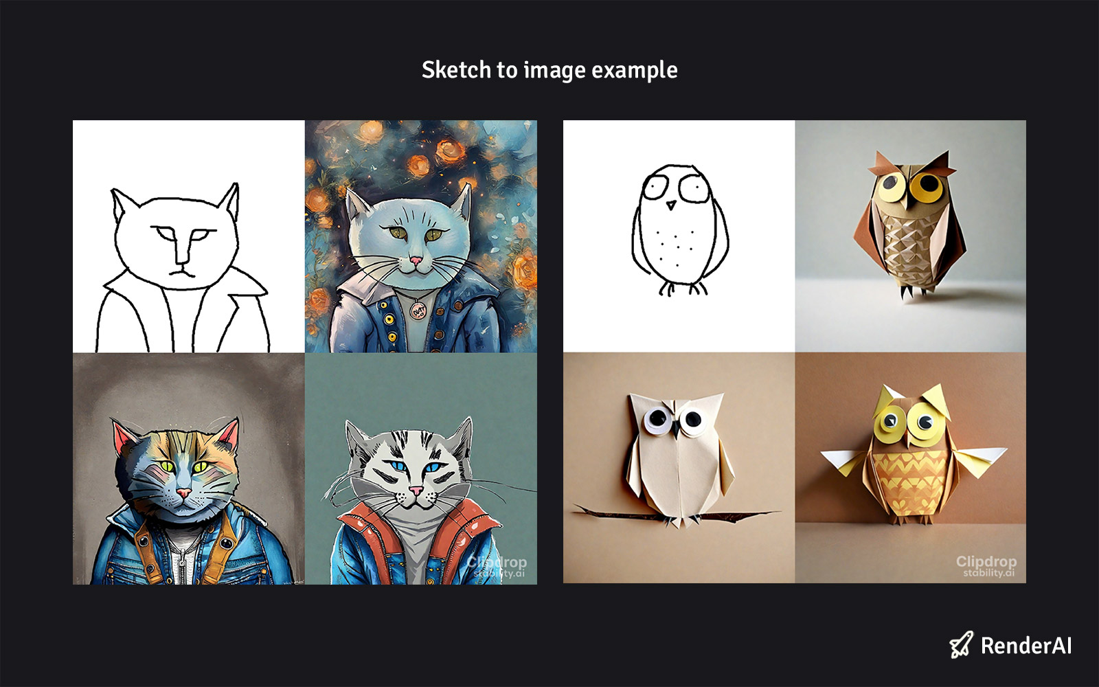 Generate images using a sketch and the prompts Cat with a jeans jacket,‘Digital Art Style and Cute owl, Origami Style