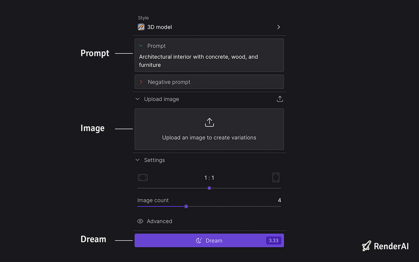 Example of Dream Studio user interface