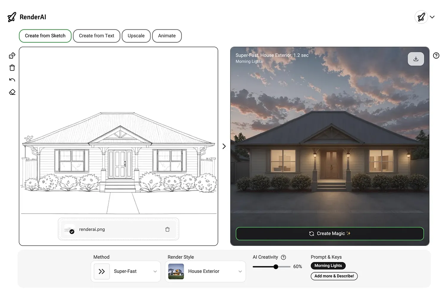 Sketch to Kitchen example of image generated using Render AI.