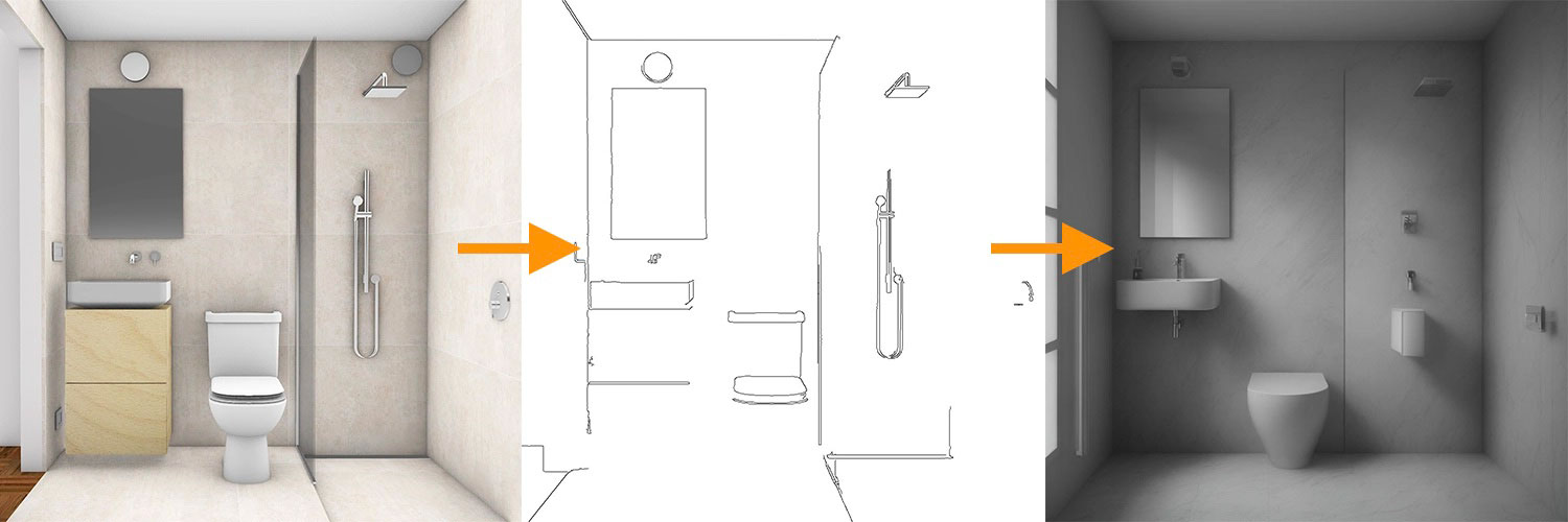 Sketch to image of a bathroom example of image generated using Render AI.