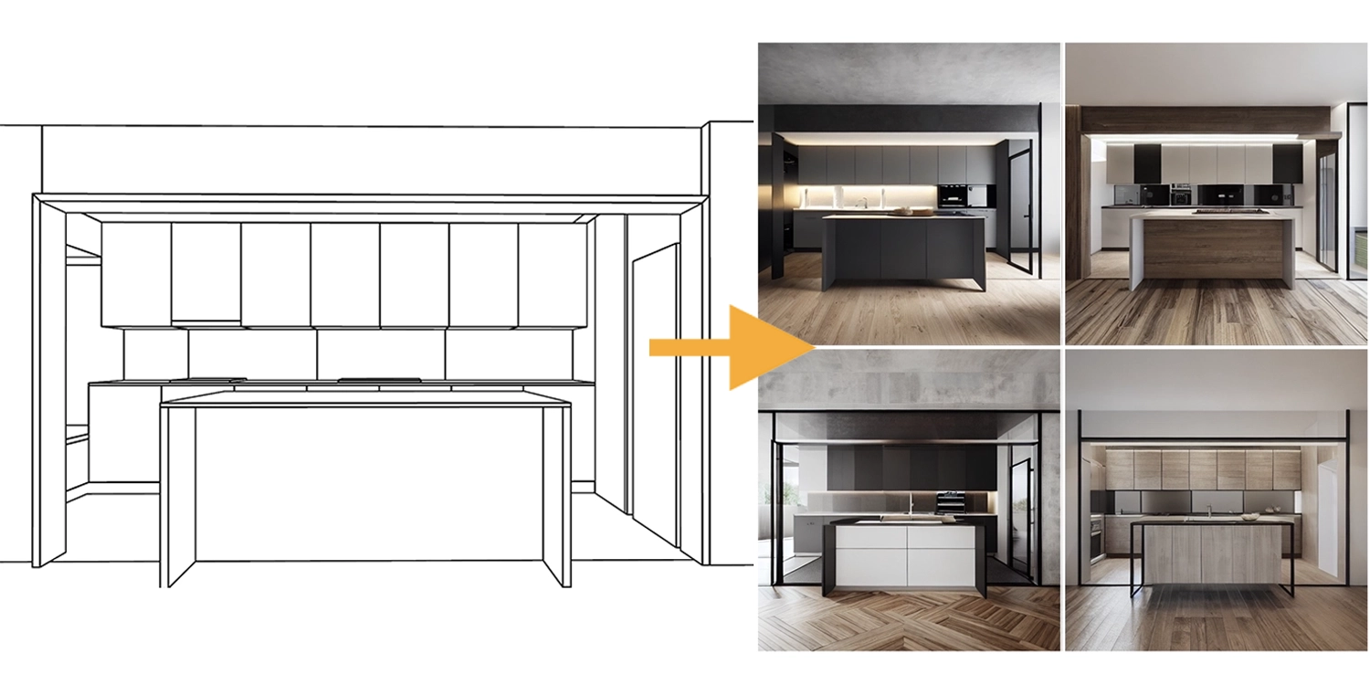 Sketch to Kitchen example of image generated using Render AI.