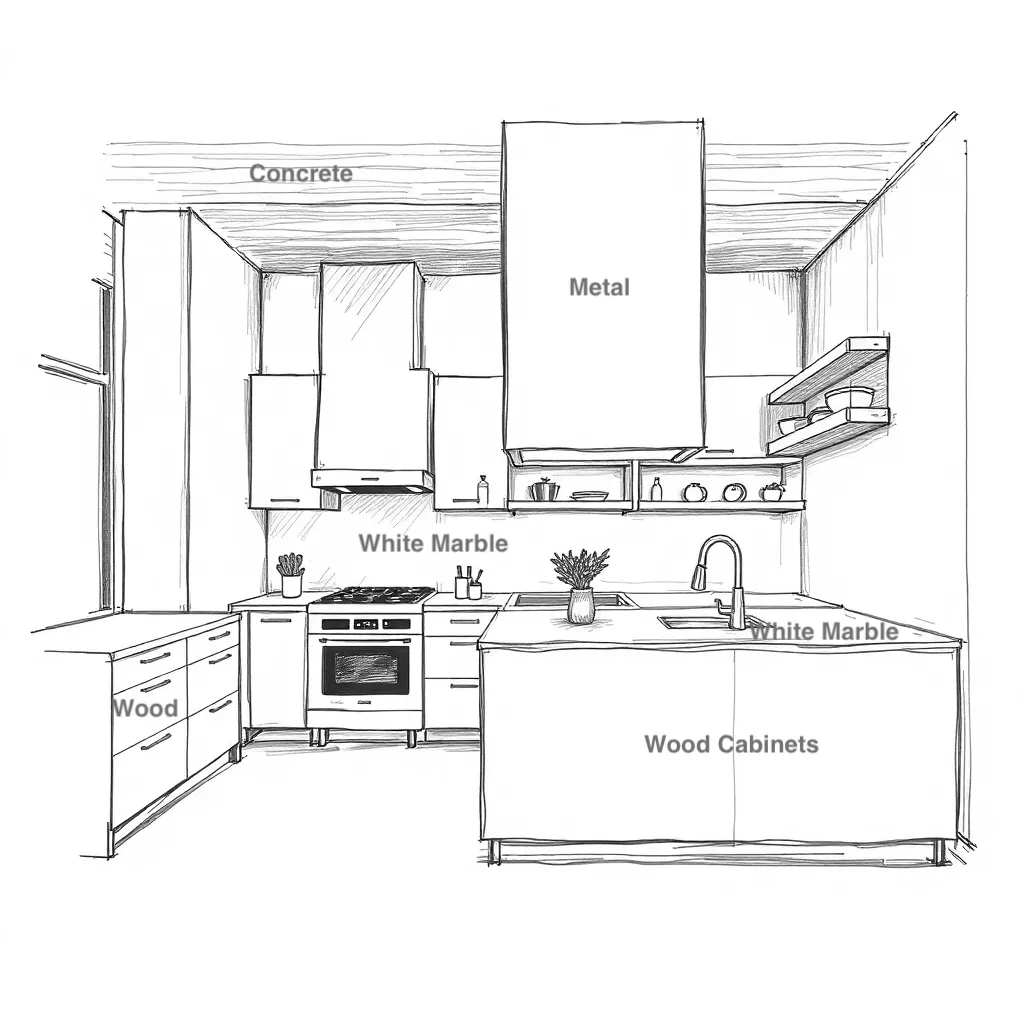 Sketch for Kitchen design with notes created with Render AI