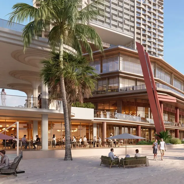 Curved beachfront resort with terraces, umbrellas and people walking on the sand, rendered from a base render with Render AI