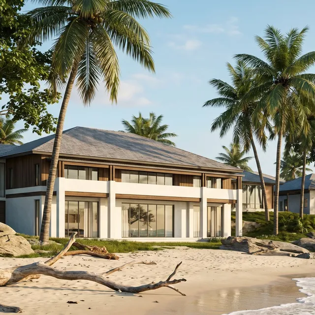 Row of two story beachfront villas among palm trees on a sandy shore, rendered from a 3D elevation with Render AI