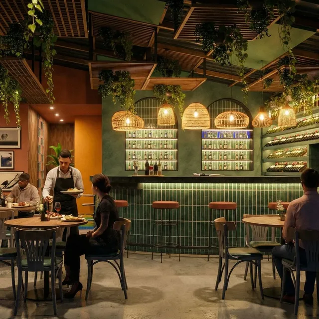 Evening bistro with a green tiled bar, hanging plants, rattan pendants and diners, rendered from a 3D model with Render AI