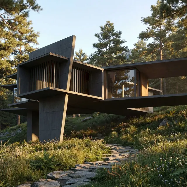 Cantilevered dark concrete house with vertical fins set in a pine forest, rendered from a SketchUp massing model with Render AI