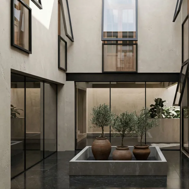 Open courtyard atrium with potted olive trees, stone planter and tall glazing, rendered from a 3D model view with Render AI