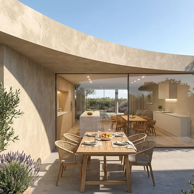Curved plaster patio with a wooden dining table, olive tree and bougainvillea, rendered from a basic 3D render with Render AI