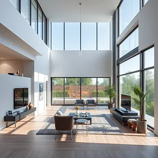 Double-height living room with floor to ceiling windows facing a garden, rendered with Render AI