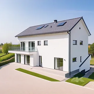 White two story family house with solar panels on a gabled roof, rendered from a 3D massing model with Render AI